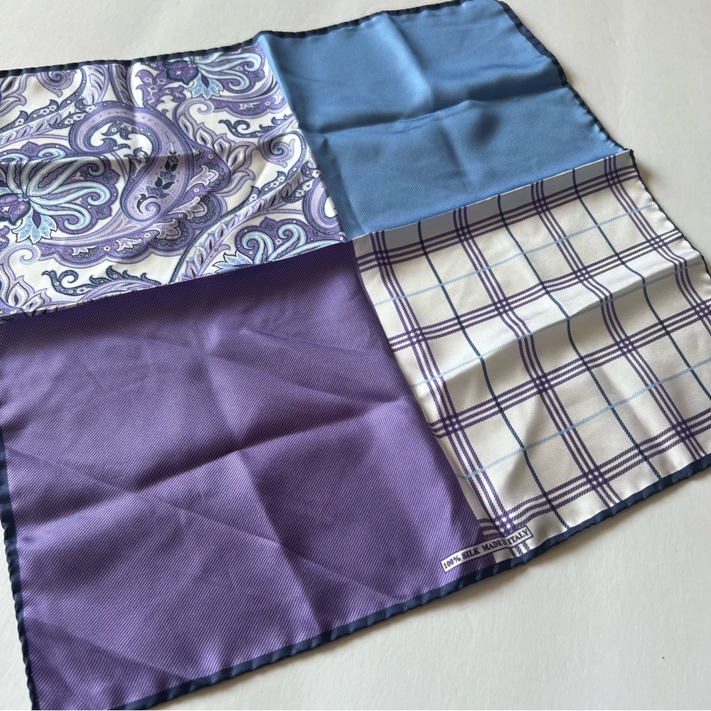 NORDSTROM MENS 4 IN ONE SILK POCKET SQUARE MIXED PATTERNS PURPLE BLUE WHITE